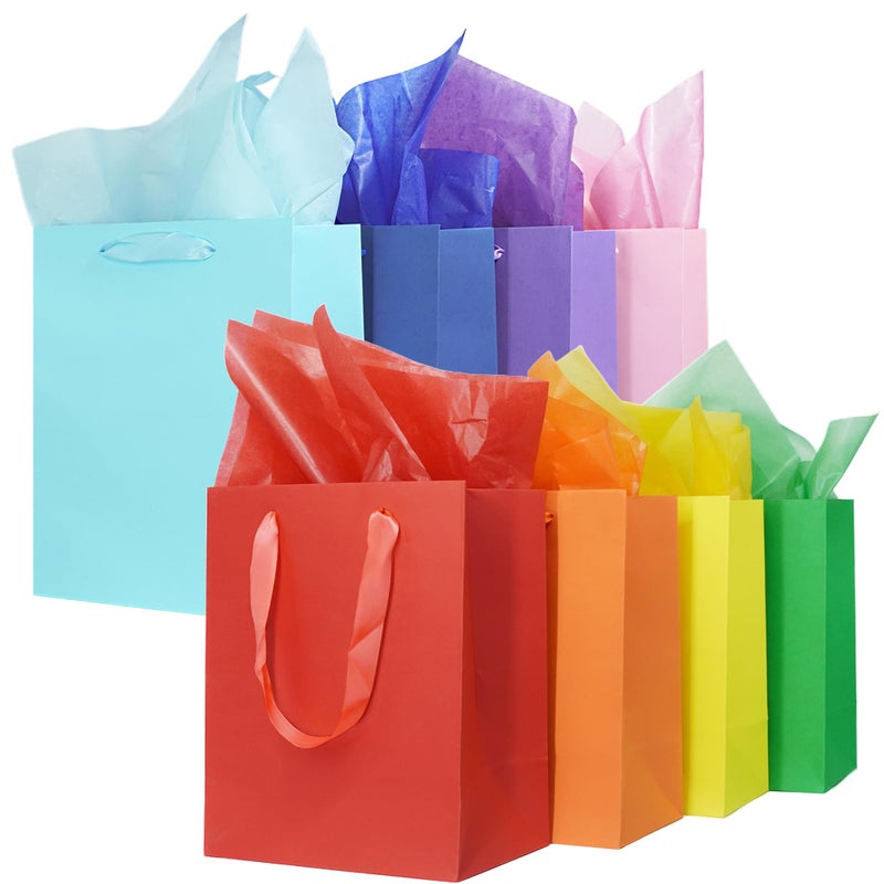 MOXARYSU 8 Pcs Medium Gift Bags With Handles 8x5x10 Rainbow Colour Gift Bags Kraft Paper Party Favor Bags With 16 Tissues For PartyBirthdayBaby ShowerWedding8 Colors